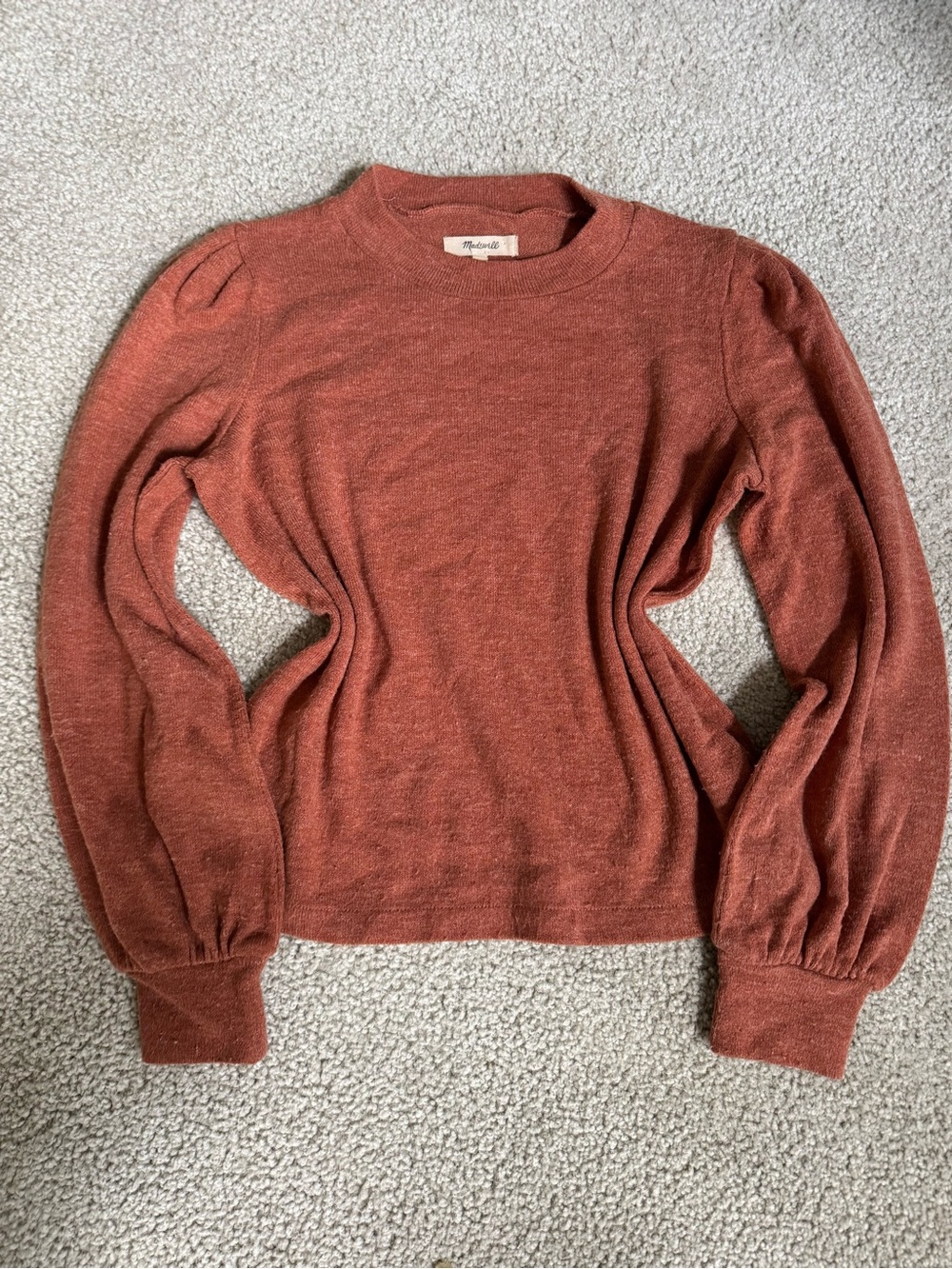 Madewell Rust-Brown Puff Sleeve Crewneck Sweater